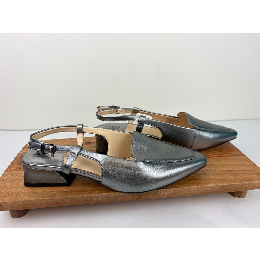 Alex Marie Slingback Pumps 8.5 Silver Metallic Leather Low Block Heel Closed Toe - Picture 3 of 12